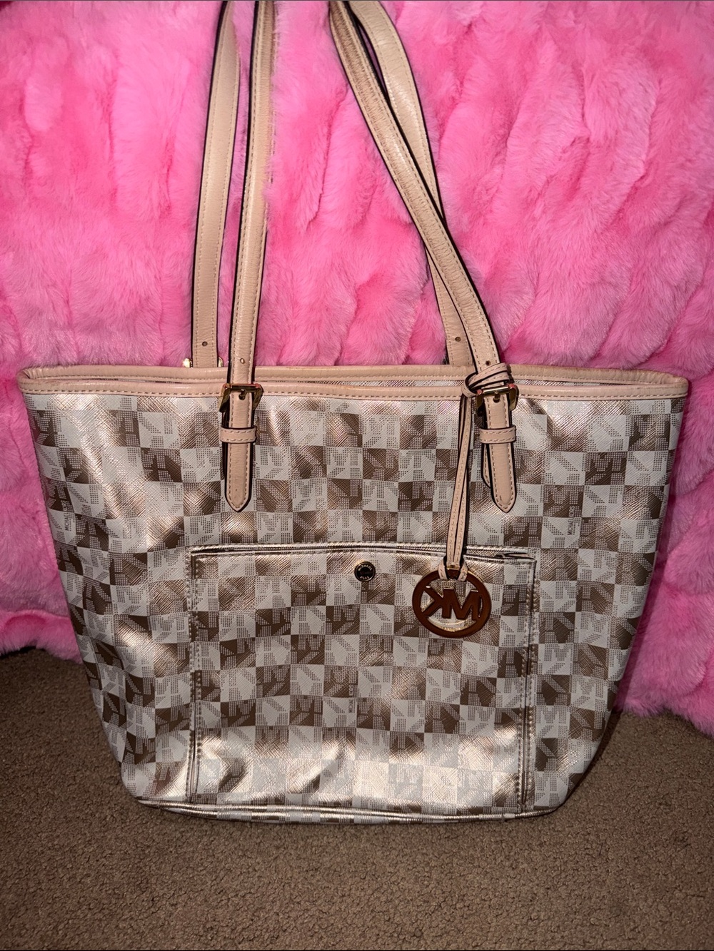 Michael Kors Champagne Checkered Tote with Gold Logo Charm